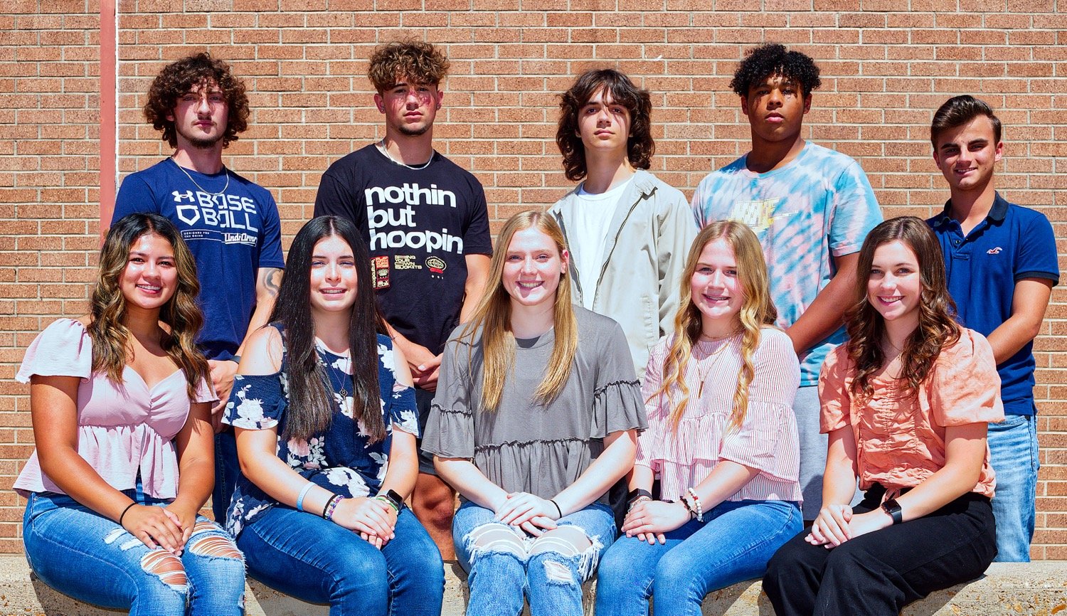 Nominated for Mineola homecoming king, standing from left to right, are seniors Kaden Bell, T.J. Moreland, Preston Radla, Isaiah Gardner and Cameron Bussell. The seated nominees for queen, left to right, are Kloey Garcia, Aliyan Gonzales, Mylee Fischer, Carrie Littlefield and Allison Hooton.